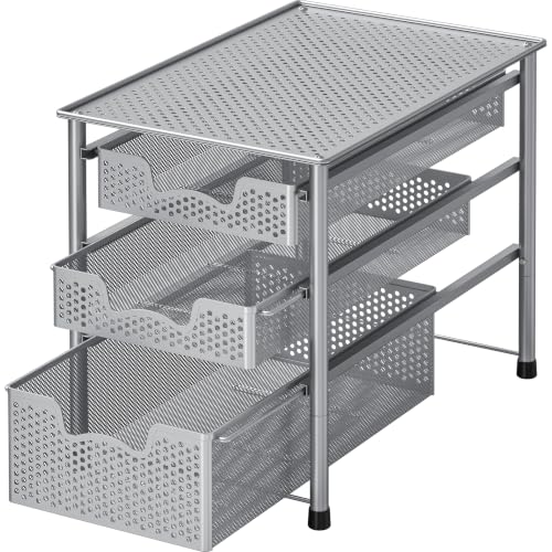 Stackable 3 Tier Sliding Basket Organizer Drawer (3-Tier / Silver)