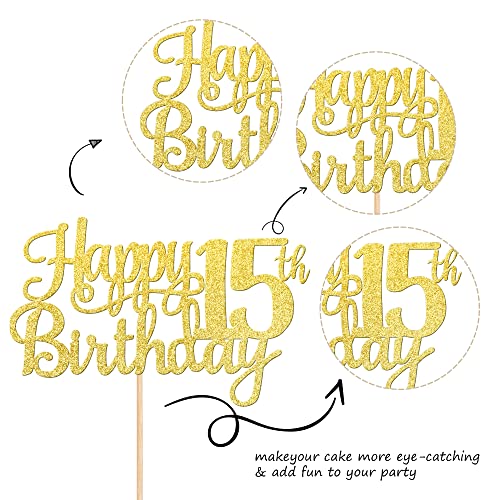 1 PCS Happy 15th Birthday Cake Topper Gold Glitter Cheers to 15 Years Birthday Cake Pick Mis Quince 15 Fabulous Cake Decoration for Happy 15th Birthday Theme Party Decorations Supplies (Gold / 15th)