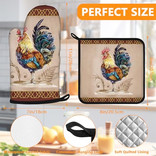 Vintage Rooster Oven Mitts and Pot Holders Sets 4Pcs (Vintage Rooster)