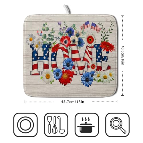 American Flag Dish Drying Mat Home Flowers Absorbent Dishes Pad for Kitchen Counter 16 X 18 In (Patriotic Home 605 / 18" x 16")