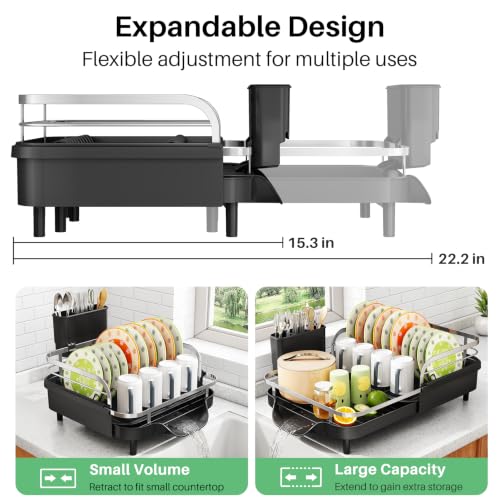 Expandable Dish Drying Rack for Small Kitchen Counter (Black)