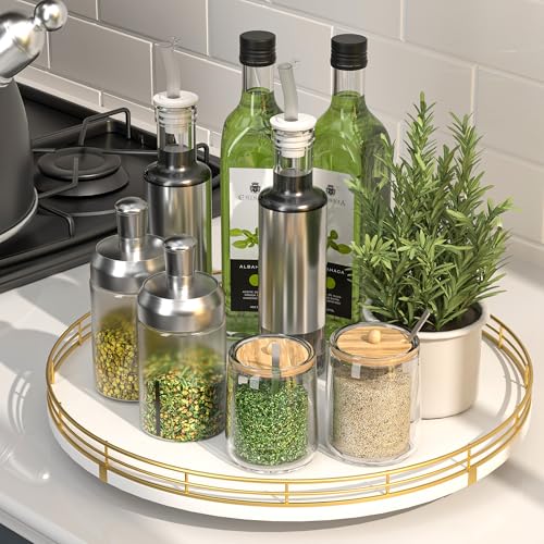 13 Inch White and Gold Wooden Lazy Susan Spice Organizer (White & Gold / 13)