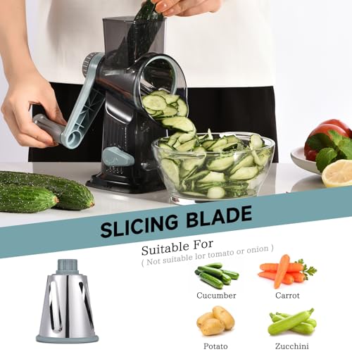 Rotary Cheese Grater with Handle Kitchen Shredder Slicer Grater Slicer Ice Shaver Cheese Vegetable Nuts Potato Zucchini Chocolate 3 Interchangeable Blades (9.06"L x 4.33"W x 9.07"H / Blue)