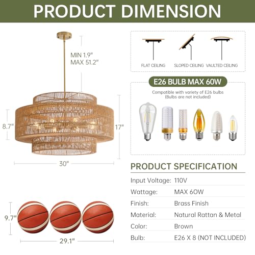 30" Rattan Chandelier for Dining Room (Brown / 30” 8-Light)