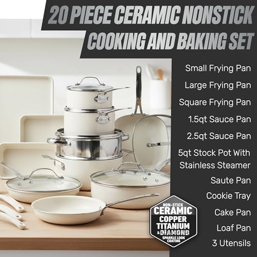 20 Pc Ceramic Cookware Set (Cream White / 20 Piece Set)