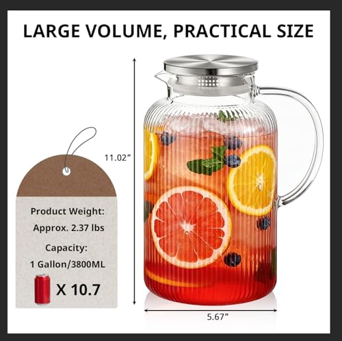 1 Gallon Glass Pitcher with Lid and Handle (Stripes Clear / 128 Ounces)