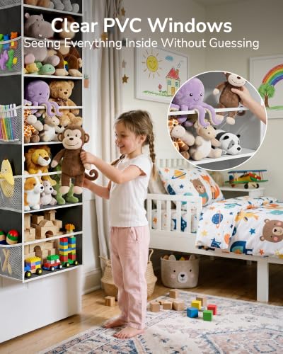 Stuffed Animal Organizer Over the Door (Clear Dark Grey / 1 Pack-5 Tier)