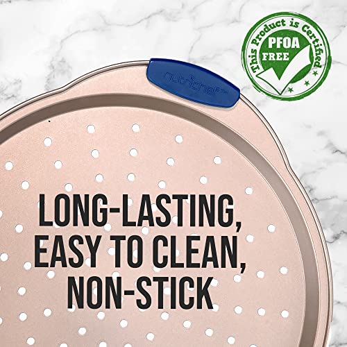 13-Inch Non-Stick Pizza Tray with Silicone Handle - Perforated Carbon Steel, Dishwasher Safe, PFOA Free - Champagne Gold - 12 Pack (Champagne Gold / 12 Pack)
