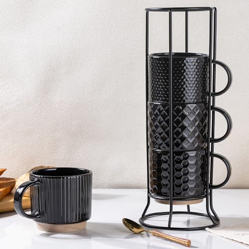 12 OZ Stackable Coffee Mugs Set of 4 (Black / 12oz (With Stand))