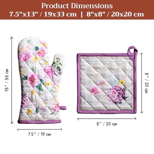 100% Cotton Oven Mitt & Pot Holder Set (071 - Pivoine / 7.5" x 13" & 8" x 8" (Oven Mitt & Pot Holder))