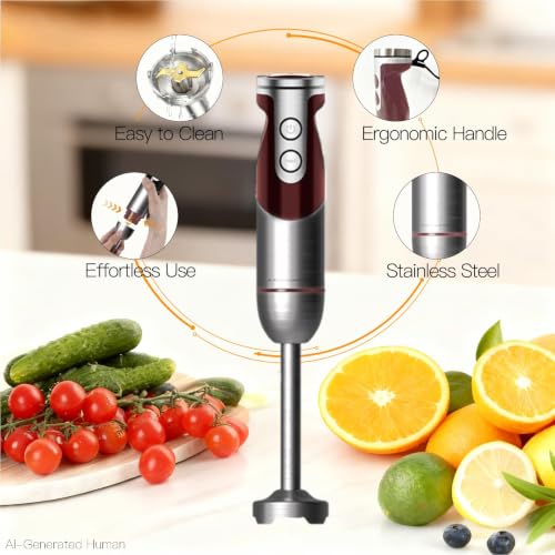 5-in-1 Hand Blender Set with Variable Speed Control, 400W Immersion Blender - Includes Whisk, Milk Frother, Chopper, and Beaker for Smoothies, Soups, and Baby Food (RED)