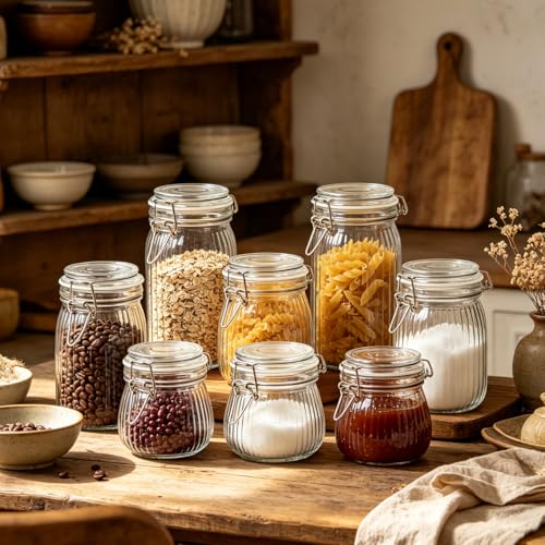 Ribbed Glass Pantry Jars with Airtight Lids 34 oz 3 Pack Coffee (34 fl oz x 3 - Ribbed)