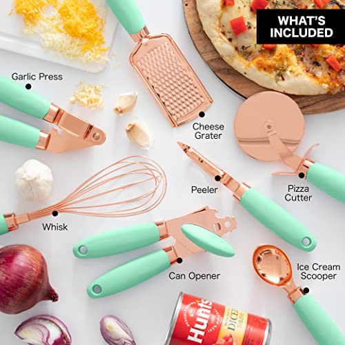 Kitchen Gadget Set Copper Plated Stainless Steel Utensils with Soft Touch Handles (7 Pieces / Copper Mint)