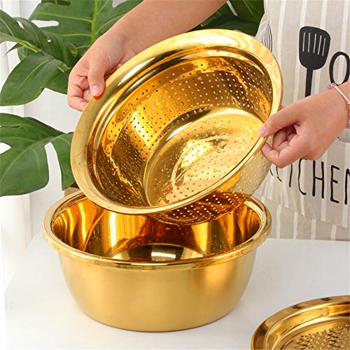 3-In-1 Multifunctional Grater Basin Colander Strainer Set, Mingcheng Stainless Steel Kitchen Drain Basket/Bottom Basin for Washing Rice, Fruits, Vegetable, Grater with Container (Gold) (Gold)
