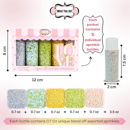 Edible Sprinkles for Cakes & Cupcakes Decoration Assorted pack of 5 Summer Fun Sprinkles Mix White Dragees Green Yellow Blue Jimmies Silver Sparkling Sugar (5 Ounce)