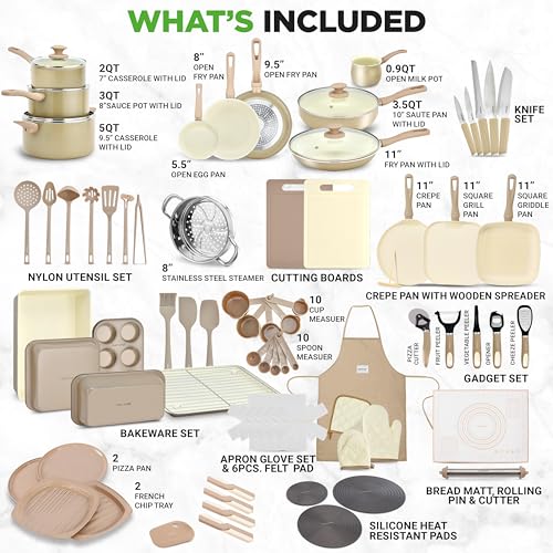 75-Piece Non-Stick Pots and Pans Set, Complete Ceramic Cookware Set with Bakeware, Utensils, Knife Set, & Accessories, Stain-Resistant, Food-Grade Safe, Cream/Brown (Taupe Brown / Assorted Sizes)