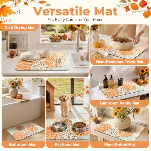 Fall Dish Drying Mat 12" x 20" Absorbent Floral Coffee Mat Orange (Orange / 12" x 20")