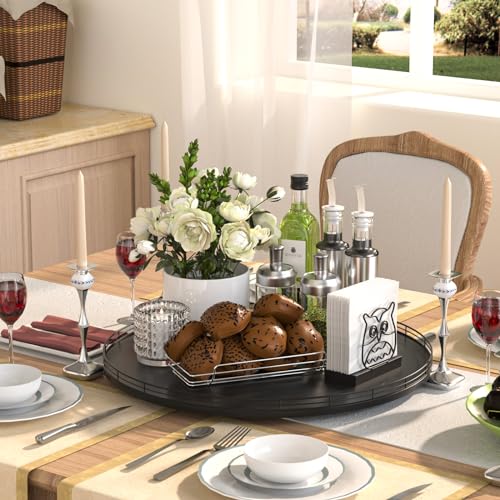 18 Inch Oak Lazy Susan Organizer with Black Metal Rail (Black / 18)