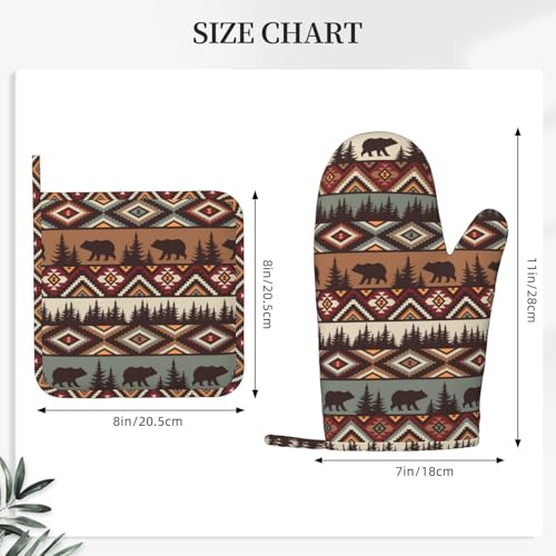 Vintage Rustic Bear Oven Mitts and Pot Holders 4 pcs Set Silicone Bear Mountain Kitchen Oven Mitt Gloves Country Cabin Themed Pot Holders Non (Brown)