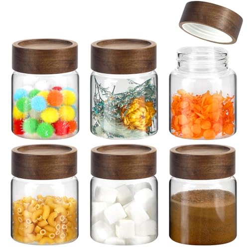 6 pc Glass Spice jars Glass Jars with Screw Lid 5 oz Acacia Wood Glass Herb Sugar Coffee Bean Ground Container Food Storage Canister for Candy Pantry Tea Seasoning Meal Prep Snack (6*150ml(5oz))