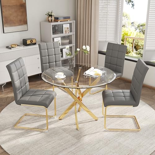 5 Piece Round Glass Dining Table Set (Round Table - 4 Gold Grey Chairs)