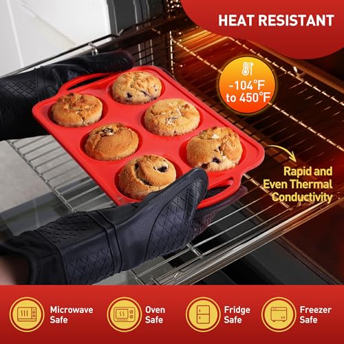 2 Packs 6 Cups Silicone Muffin Pan with Metal Reinforced Frame Jumbo Size Cupcake Pan Tray Egg Bites Silicone Circle Cookie Molds Muffin Tin Tart Pans Large Big Baking Sheet Set for Breakfast (2pc: 6-Cup Jumbo / Red)