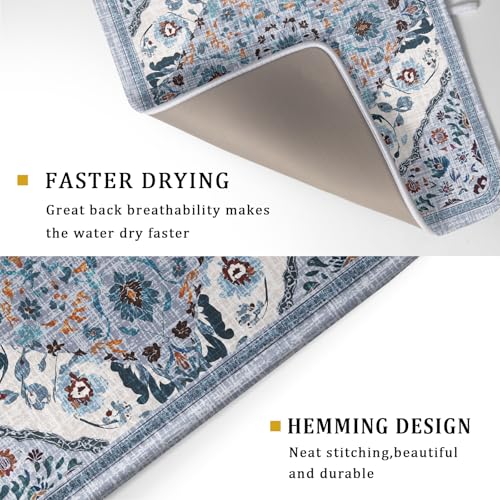 Boho Flower Dish Drying Mat Blue Bohemian Dishes Drainer Rack Mat 18x24 Inch Microfiber Kitchen Drying Pad for Countertop Tableware Decor (Blue Bohemian / 18 x 24 inch)