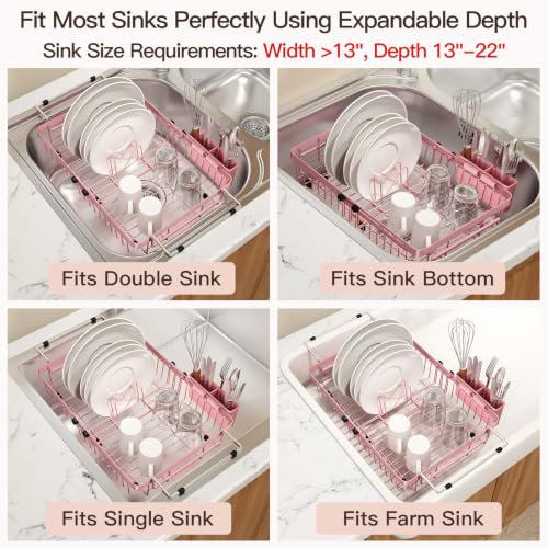 Pink Expandable Dish Drying Rack Over Sink with Extra Drying Mat (Pink / For 13"-30" W Sink with Mat)