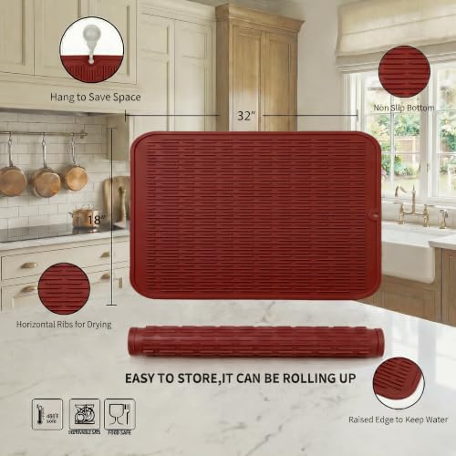 Silicone Dish Drying Mat for Multiple Usage (Red / 32"L x 18"W)