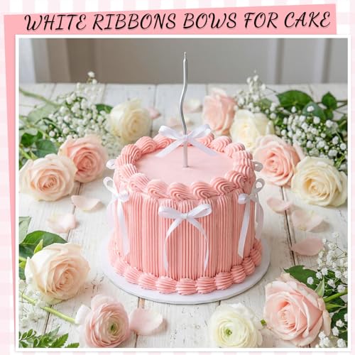 30 Pack Bow Cake Toppers White Ribbon Bows for Cake (White)