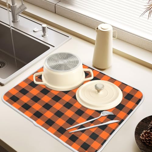 Halloween Dish Drying Mat for Kitchen Counter Absorbent Microfiber Large Drying Pad Black Orange Buffalo Plaid Check Dish Mats for Kitchen Countertops 18 x 24 Inch (Halloween Buffalo Plaid / 24" x 18")