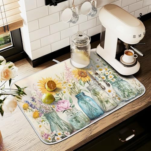 Spring Summer Floral Jars Flowers Dish Drying Mat for Kitchen Counter Absorbent Microfiber Small Drying Pad Dish Mats for Kitchen Countertops 16 x 18 Inch (18" x 16")