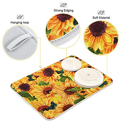 Super Absorbent Dish Drying Mat Microfiber Fast (Sunflowers Blue Butterflies / 18" x 24")