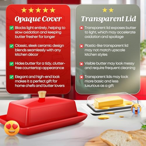 Large Ceramic Butter Dish with Lid for Countertop (Red / Large)