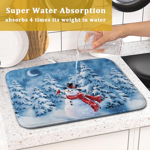 Blue Snowman Dish Drying Mat Winter Pine Tree Drainer Rack Mats 16x18 Inch Absorbent Fast Dry Dish Pad Protector Kitchen Counter Accessories (Winter Blue Snowman / 16" x 18")