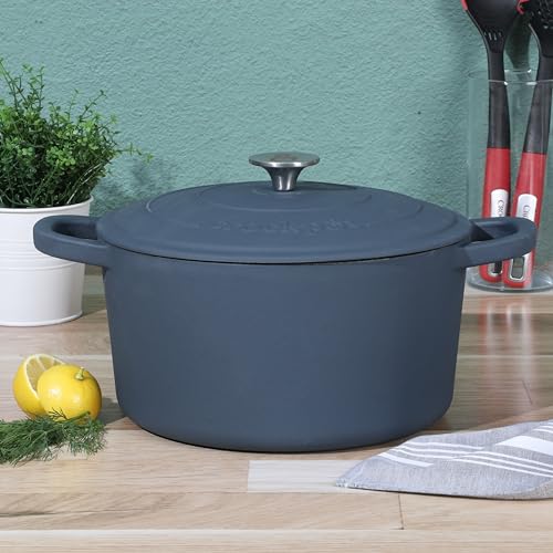 Artisan 7 Quart Round European Enameled Cast Iron Dutch Oven (Matte Navy Blue / 7-Quart)