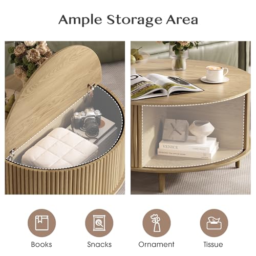 Round Coffee Table with Storage for Living Room (Light Oak)