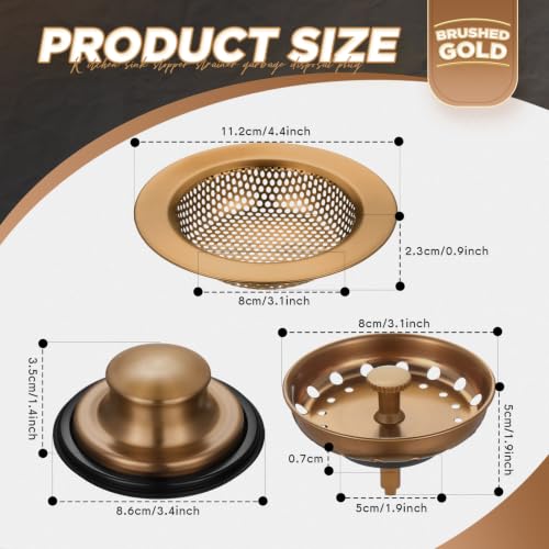 3 Pcs Sink Plug Stopper Disposal Drain Strainer (Champagne Bronze)