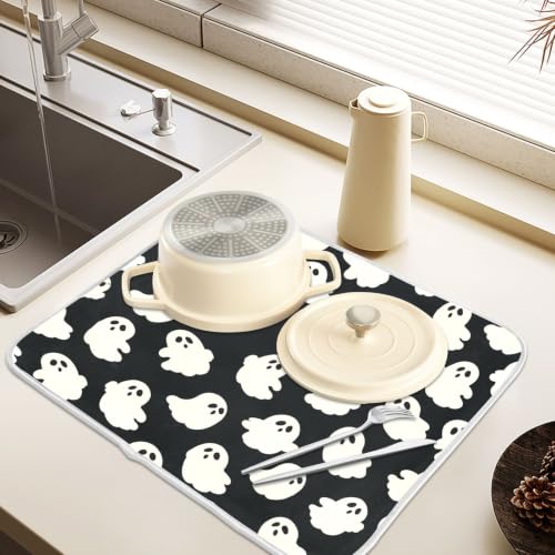 Halloween Cute Ghost Dish Drying Mat for Kitchen Counter Absorbent Microfiber Large Drying Pad Dish mats for Kitchen Countertops 18 x 24 Inch (Halloween Cute Ghost / 24" x 18")