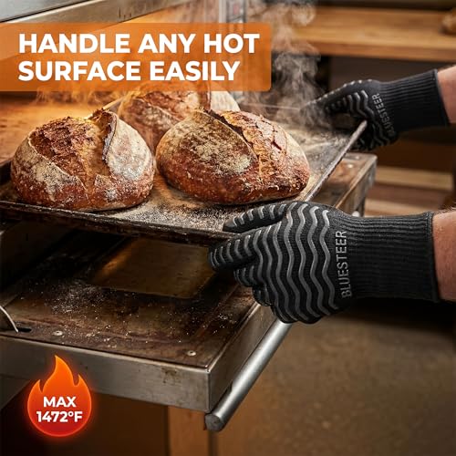 BBQ Gloves 1472°F Heat Resistant Oven Gloves with Fingers (Black-black / One Size Fits Most)