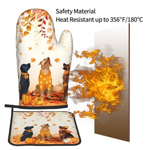Fall Dogs Oven Mitt Potholders Sets Autumn Leaves Heat Resistant Oven Glove Set of 2 Holiday Kitchen Hot Pads for Cooking Baking Grilling (Fall Dogs)