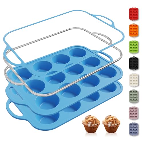 2 Packs 12 Cups Silicone Muffin Pan with Metal Reinforced Frame Regular Size Cupcake Pan Tray Egg Bites Silicone Circle Cookie Molds Muffin Tin Tart Pans Baking Sheet Set for Breakfast Sandwiches (2pc: 12-Cup Regular / Blue)