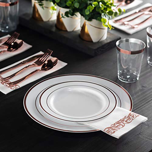 100 Rose Gold Rim White Plastic Plates (White / Rose Gold Rim)