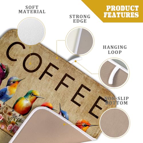 Coffee Cup Dish Drying Mat Brown Bird Drying Matt Kitchen Counter for Coffee Bar Decor (Bird Cups 511 / 18" x 16")