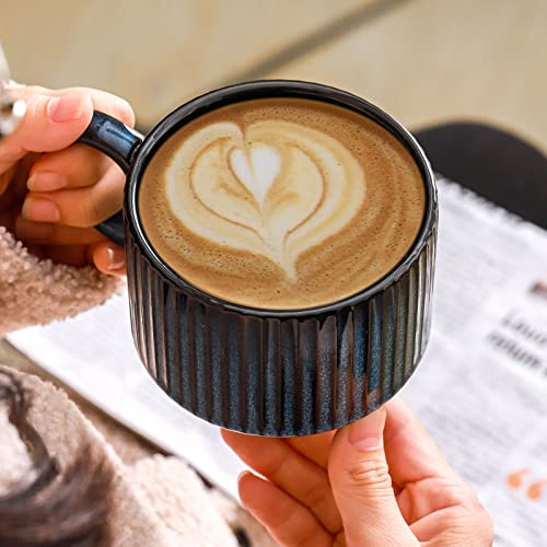 15 Oz Ribbed Stackable Coffee Mug Set of 4 (Navy / 15 Ounces)