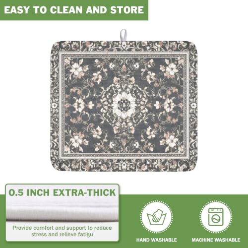 Boho Floral Dish Drying Mat Grey Leaves Dishes Drainer Pad 16x18 Inch Microfiber Absorbent Kitchen Dry Rack Mat for Counter Tableware Decor (Grey Boho Floral / 16x18 inch)