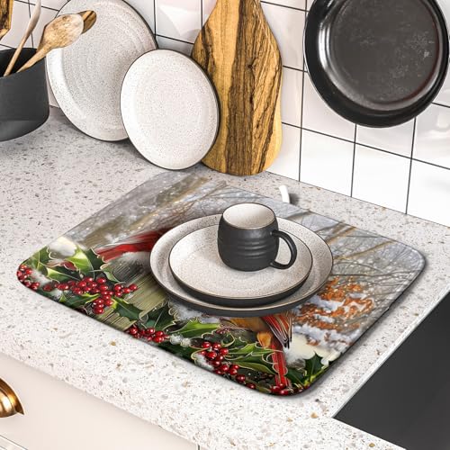 Winter Birds Dish Drying Mat Red Berry Dish Drainer Rack Mat Microfiber Absorbent Dish Drying Pad for Kitchen Counter Coffee Bar 16x18 Inch (Winter Red Birds / 16" x 18")