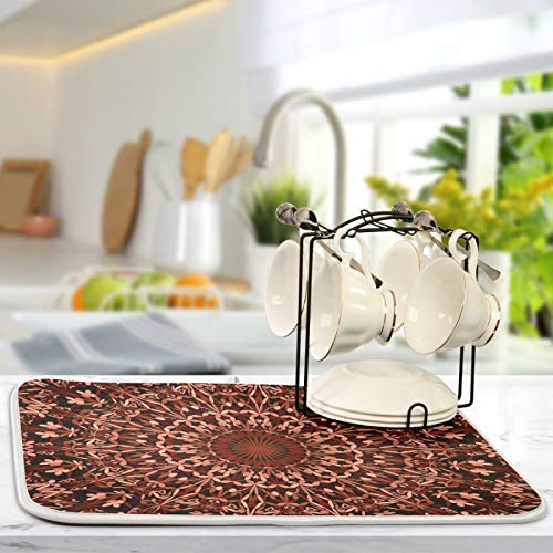 Super Absorbent Dish Drying Mat (Mandala Maroon Boho / 18" x 24")