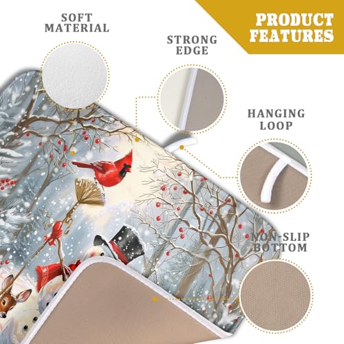 Winter Snowman Dish Drying Mat for Kitchen Counter Red Bird Berry Dishes Drainer Mats Holiday Microfiber Absorbent Dish Rack Pad 16x18 Inch (Winter Snowman Deer / 16" x 18")