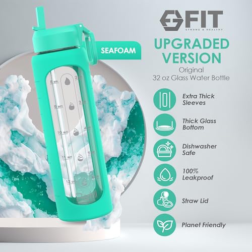 32 oz Glass Water Bottles with Straw Lid & Time Marker (Seafoam Sleeve)